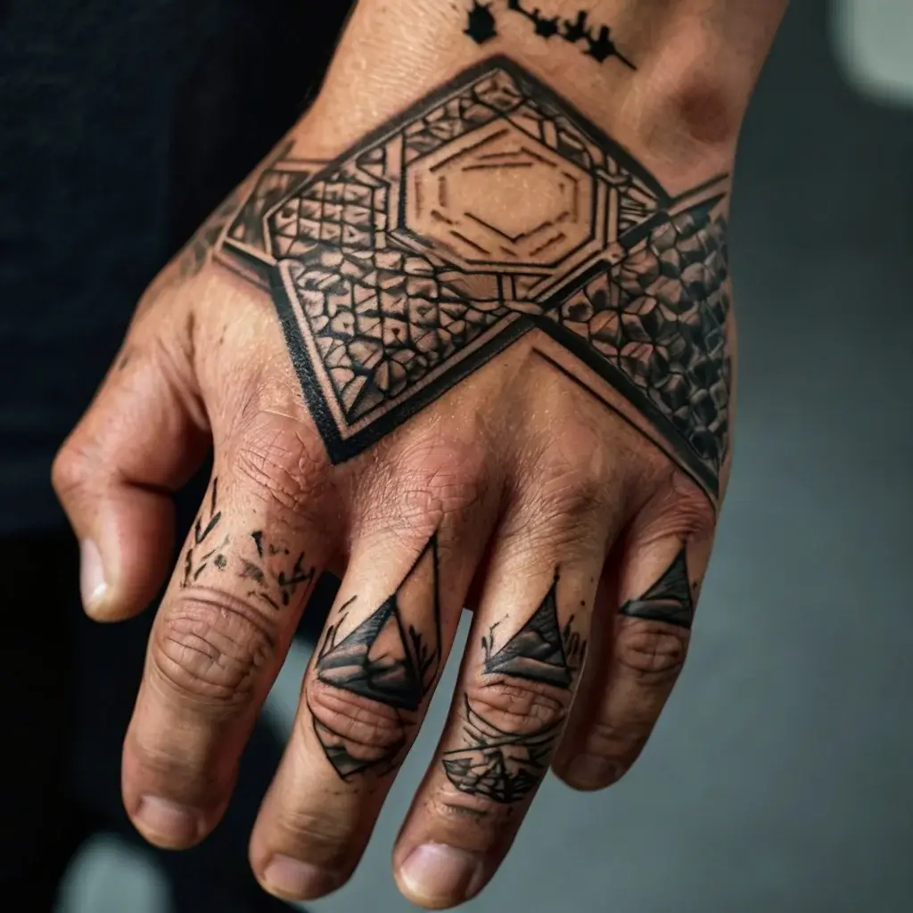 Geometric hand tattoo featuring intricate hexagon and triangle patterns, with detailed shading on fingers and hand.