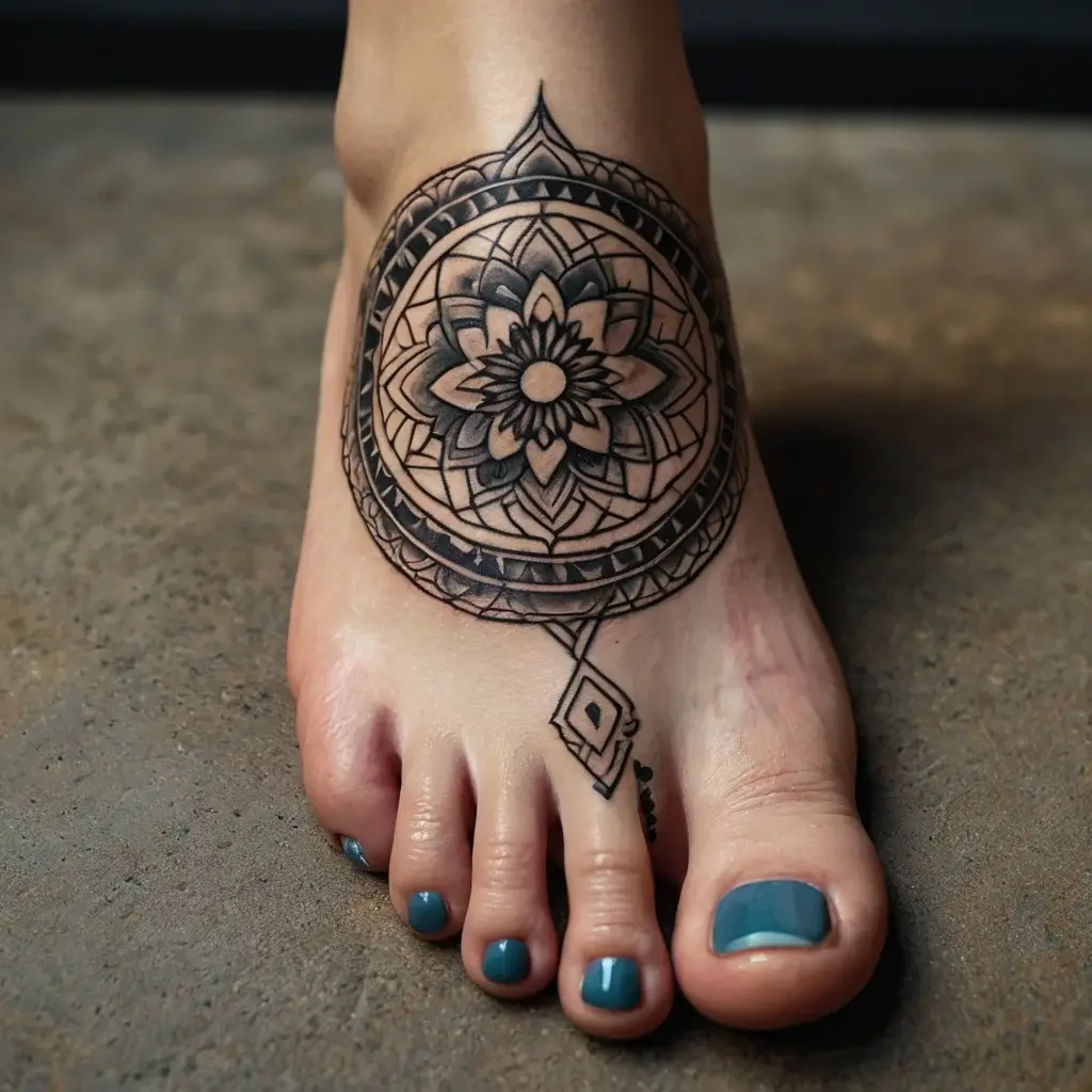 Mandala tattoo on foot with geometric patterns and a central floral motif, extending towards the toes with intricate details.