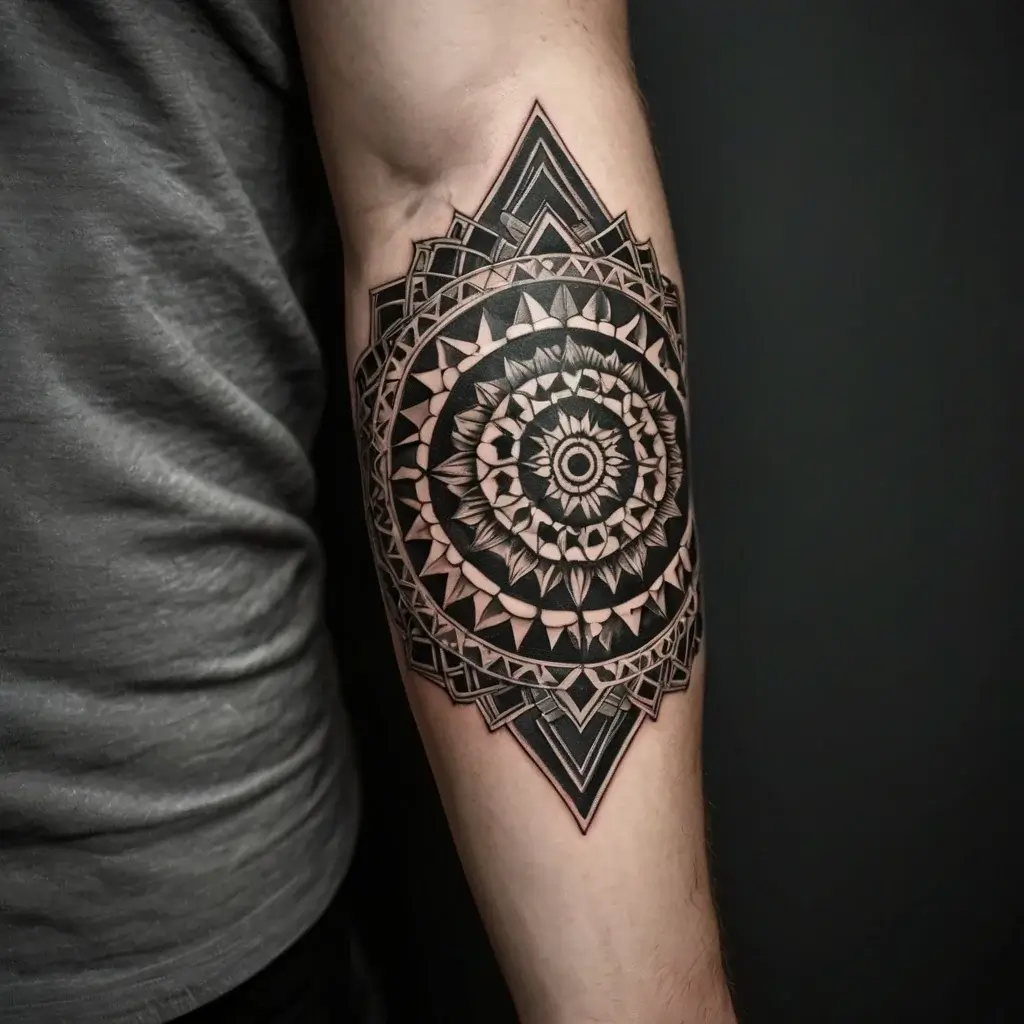 Geometric mandala tattoo with concentric patterns and bold black shading on the inner forearm, featuring intricate details.