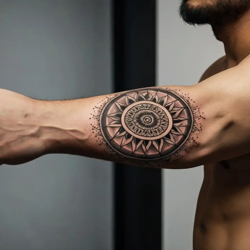 Geometric mandala tattoo on upper arm, featuring intricate concentric patterns and dotwork, radiating symmetry and balance.