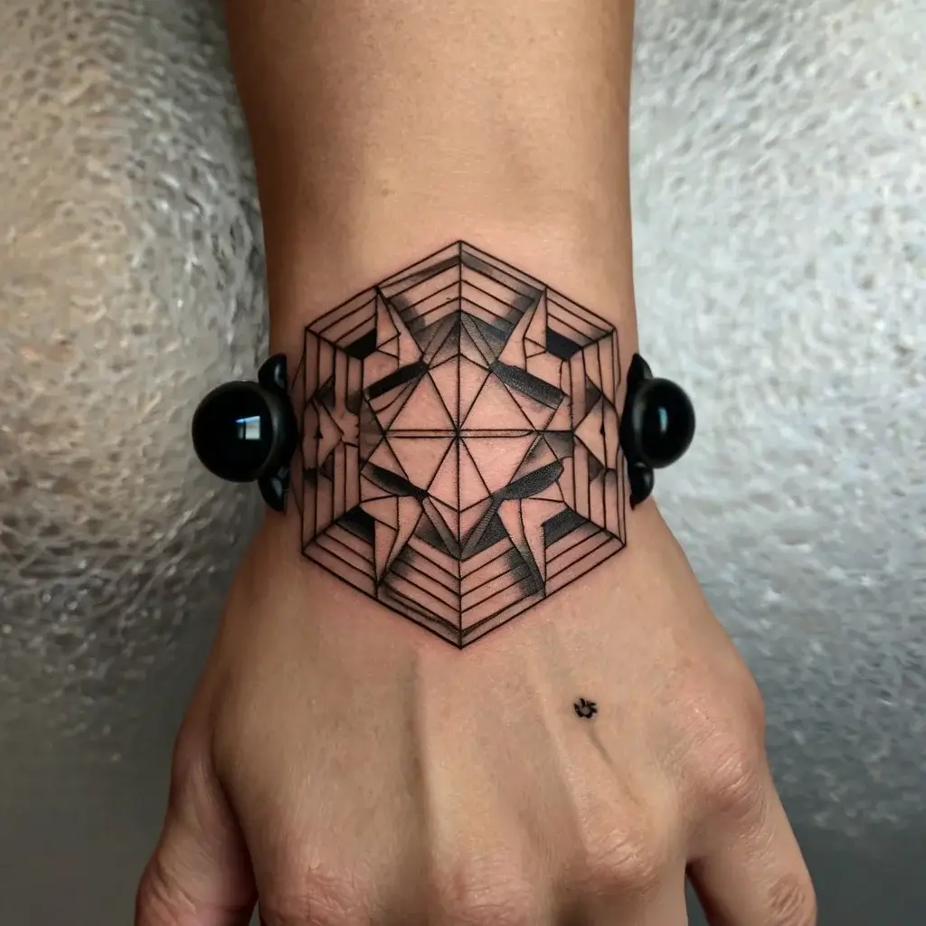 Intricate geometric tattoo with a 3D hexagon pattern, featuring sharp lines and shaded shapes on the wrist.