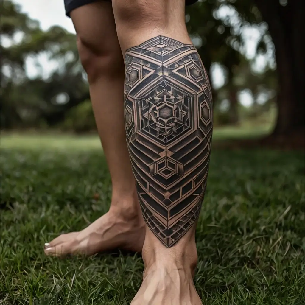 Geometric calf tattoo with intricate black and gray lines forming hexagonal and linear patterns, creating depth and symmetry.