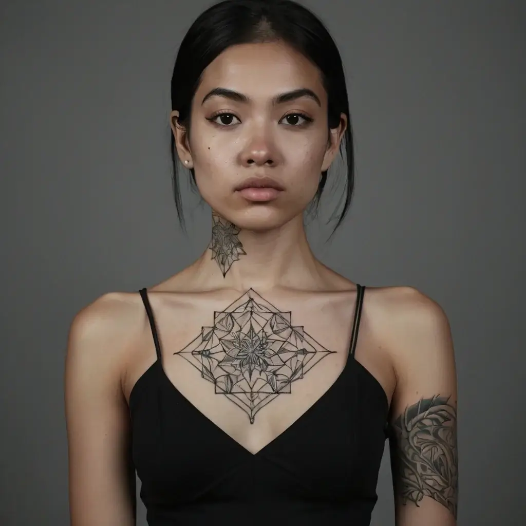 Intricate geometric chest tattoo with mandala design; floral symmetry on neck and abstract patterns on arm.