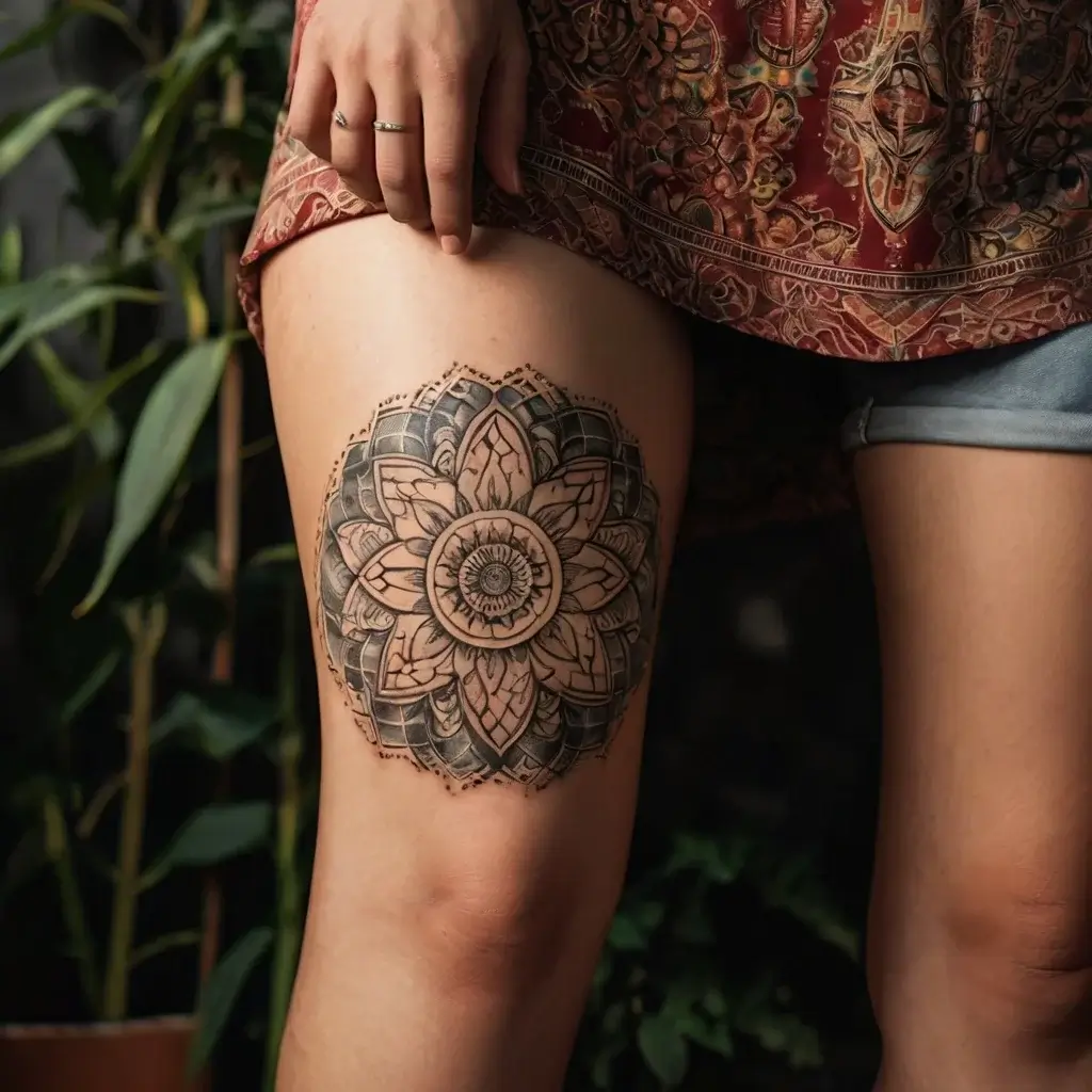 Thigh tattoo of an intricate mandala with floral and geometric patterns radiating from a central circular motif.