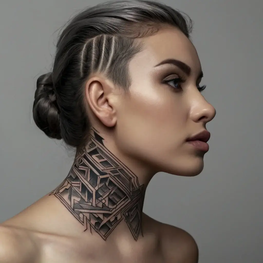 Geometric tattoo on neck featuring intricate lines and shapes, creating a structured, layered appearance.