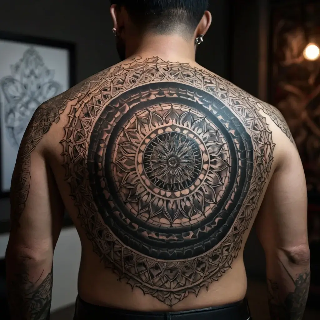 Ornate mandala tattoo covering the entire back, featuring intricate geometric and floral patterns radiating outward.