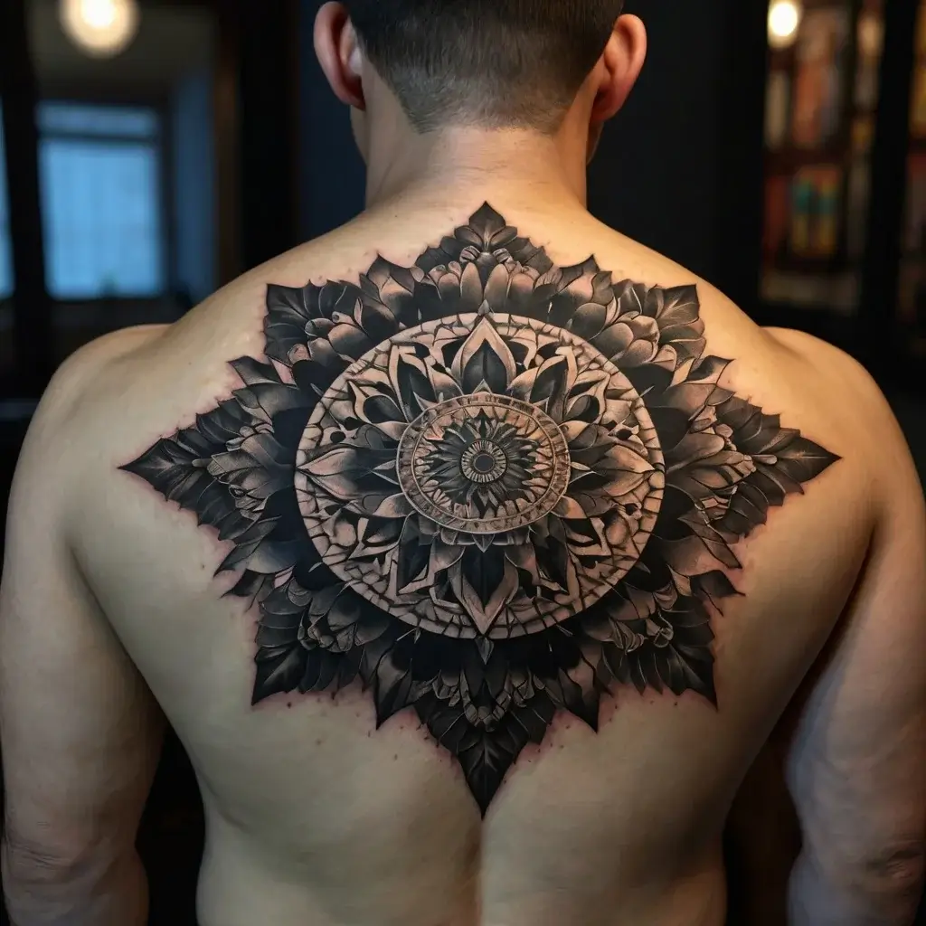 Tattoo of intricate black and gray mandala on the back, featuring geometric patterns and layered floral details.