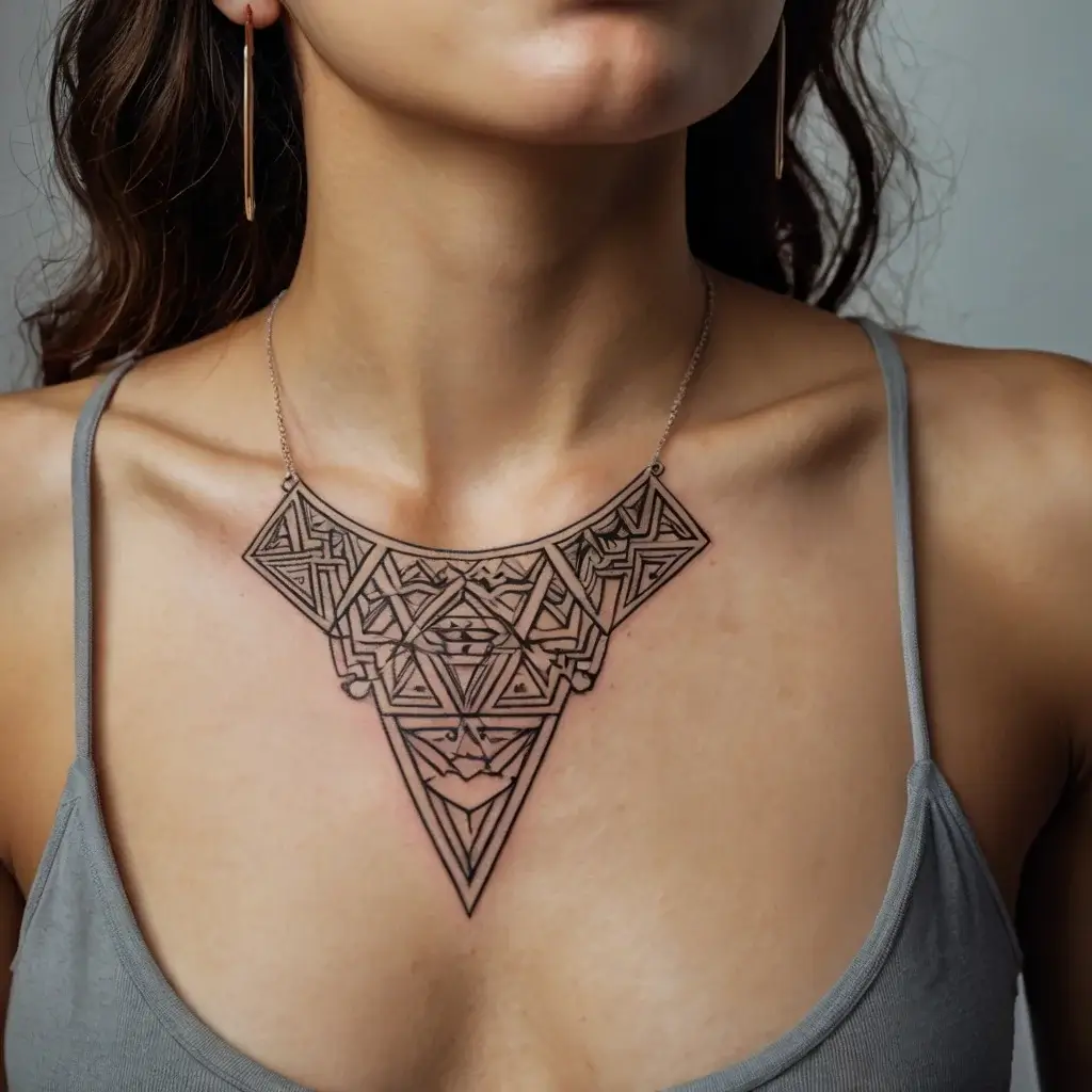 Geometric tattoo on chest in necklace style, featuring intricate triangular and abstract patterns, creating a bold statement.