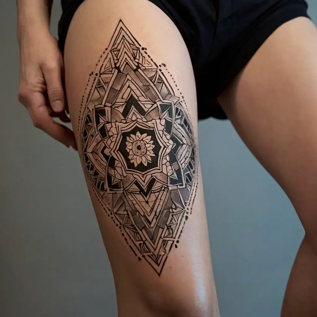 Intricate geometric mandala thigh tattoo, centered with a stylized sun and moon design, framed by layered patterns.