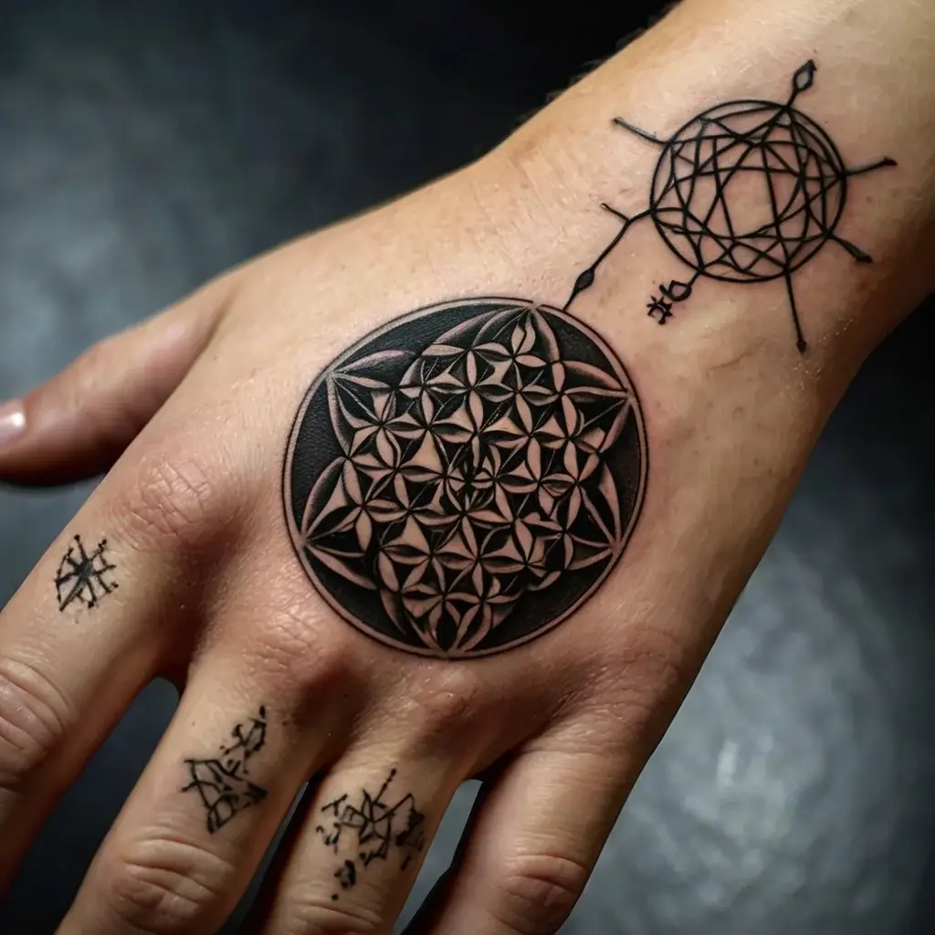 Geometric flower of life tattoo on hand with intricate blackwork and small abstract symbols on fingers and wrist.