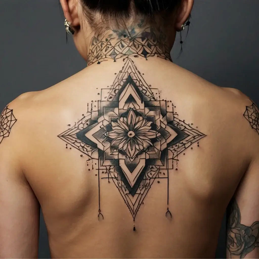 Geometric mandala tattoo on back, featuring a central floral design and intricate linework radiating outward.