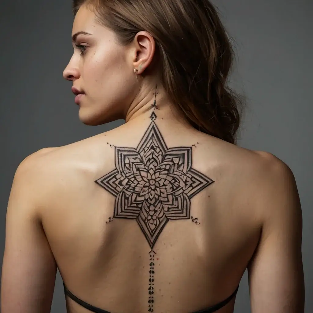 A geometric mandala tattoo on upper back, featuring intricate patterns radiating from a central flower-like shape.