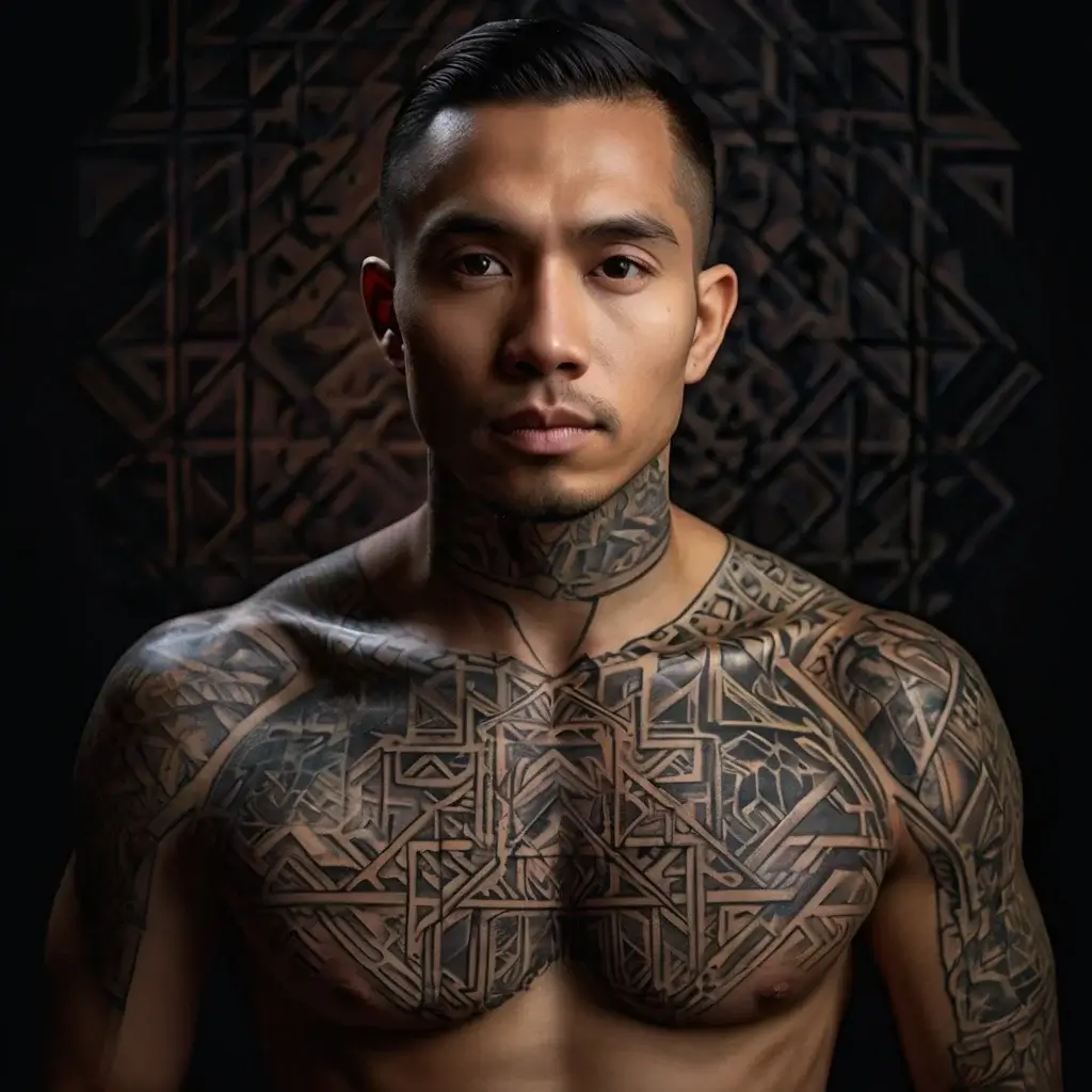 Geometric tribal tattoos cover the chest and neck, creating intricate patterns with interlocking shapes and bold lines.