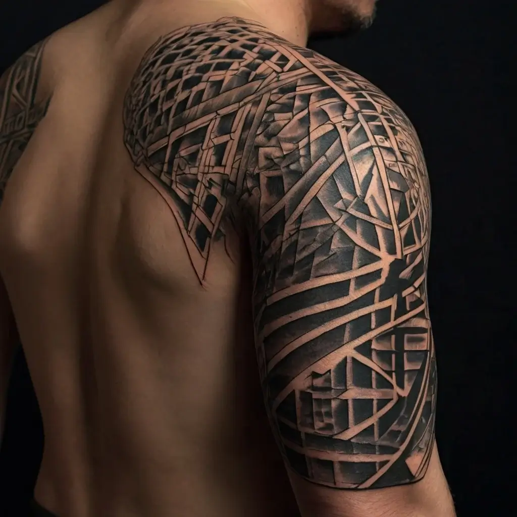 Geometric half-sleeve tattoo with intricate patterns and shading, covering the shoulder and upper arm for a 3D effect.