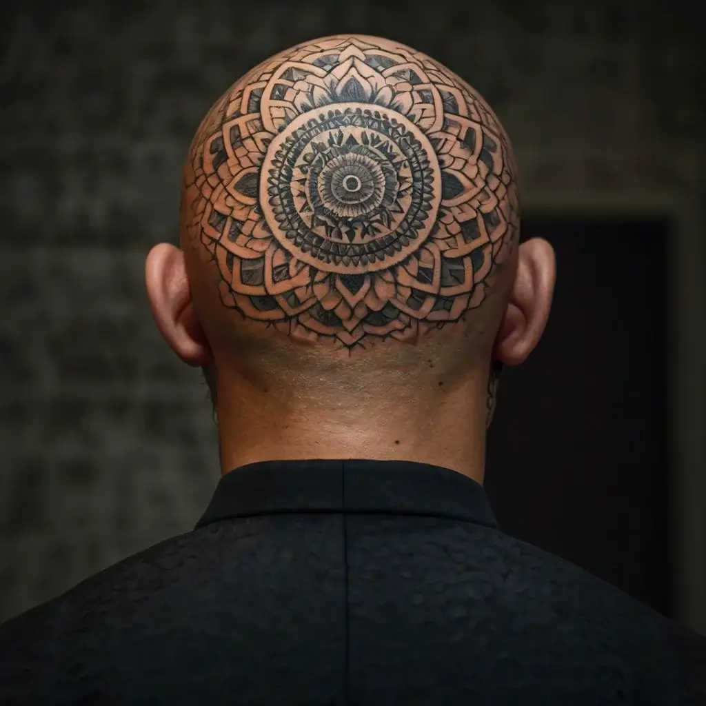 A detailed black mandala tattoo covers the man's scalp, featuring intricate geometric patterns in concentric circles.