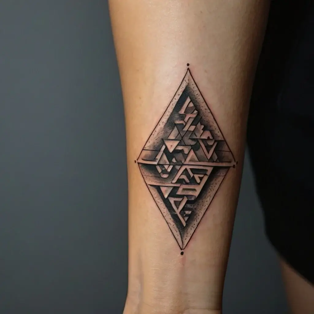 Abstract geometric tattoo with layered triangles and lines in a diamond shape, featuring dot shading and fine outlines.