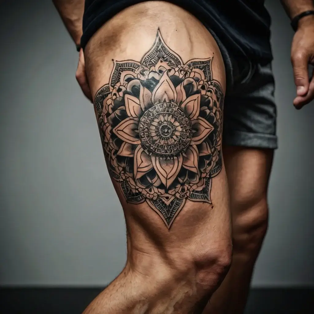 Intricate mandala tattoo on thigh, featuring layers of geometric patterns, petals, and fine detailing in black ink.