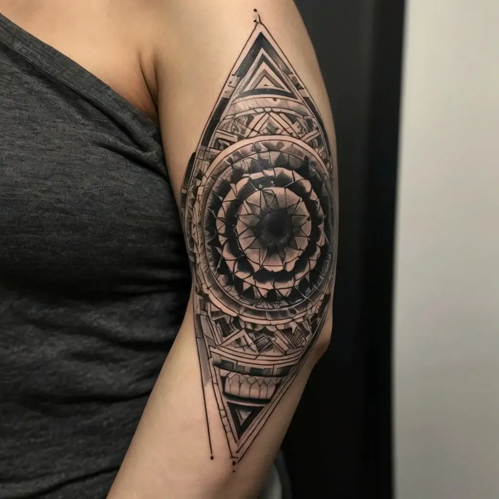 Mandala tattoo with intricate geometric patterns and shading, featuring concentric circles and sharp triangular edges.