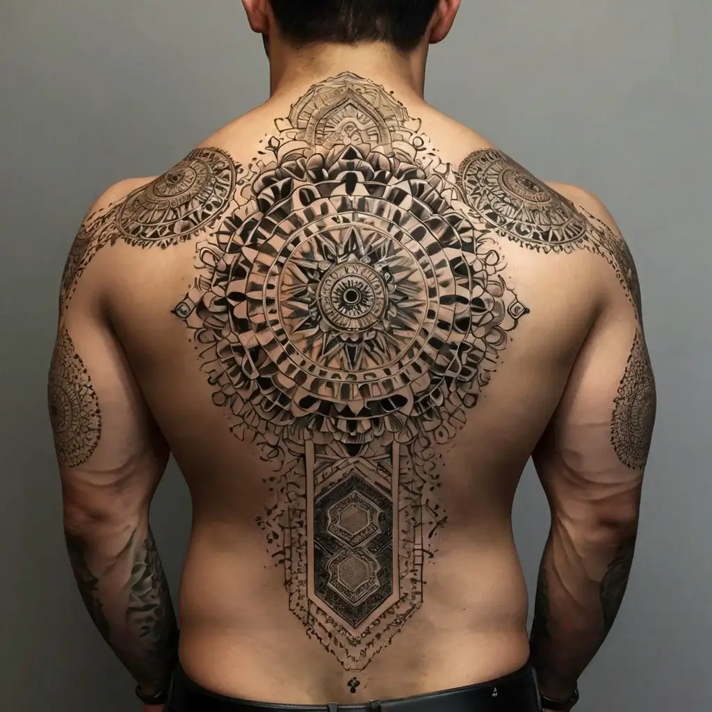 Intricate geometric mandala tattoo covering the back, with detailed patterns radiating in circular symmetry.