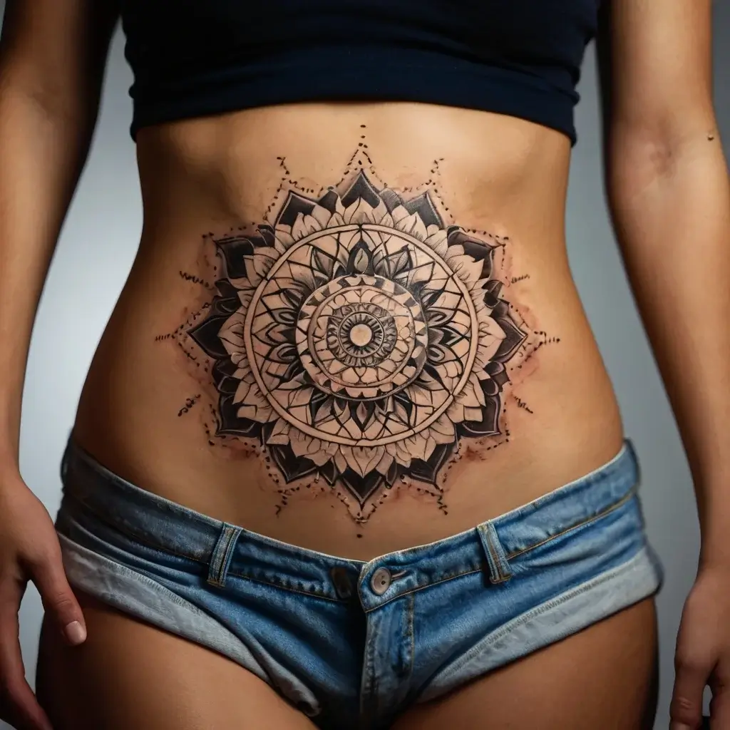 Mandala tattoo with intricate geometric patterns and symmetrical floral elements on the lower abdomen.