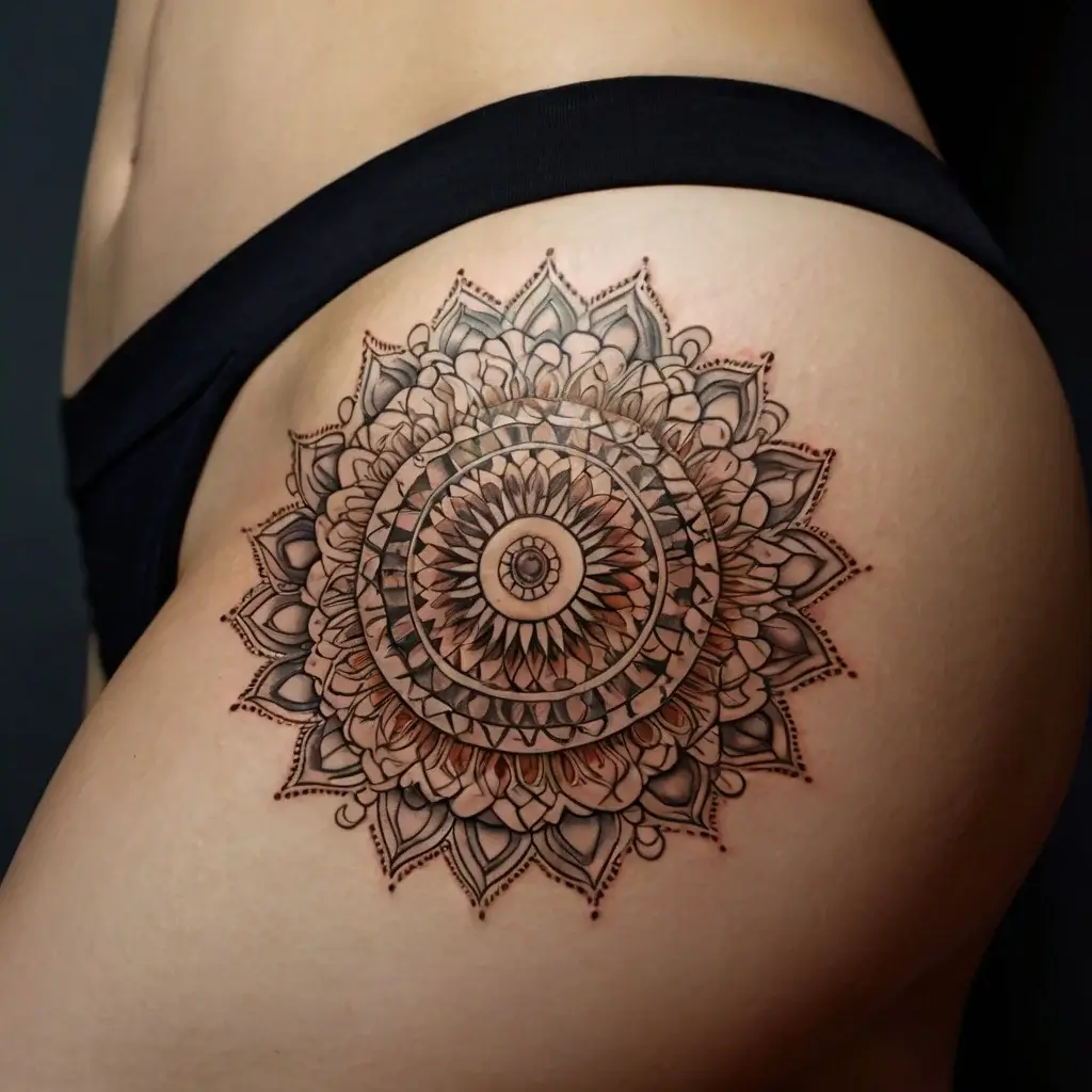 Mandala tattoo with intricate geometric and floral patterns, symbolizing balance and eternity on the upper thigh.