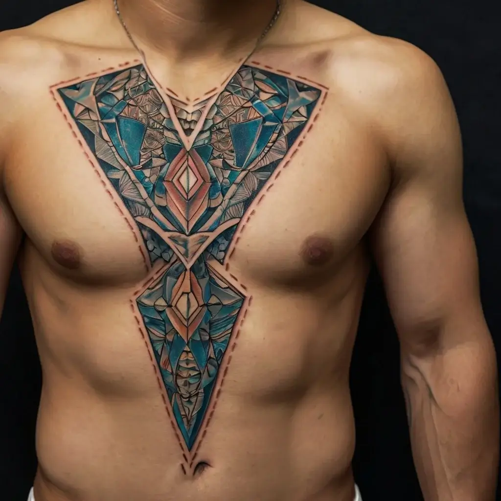 Geometric tattoo on chest, featuring intricate triangles and abstract patterns in teal and orange, forming a symmetrical design.