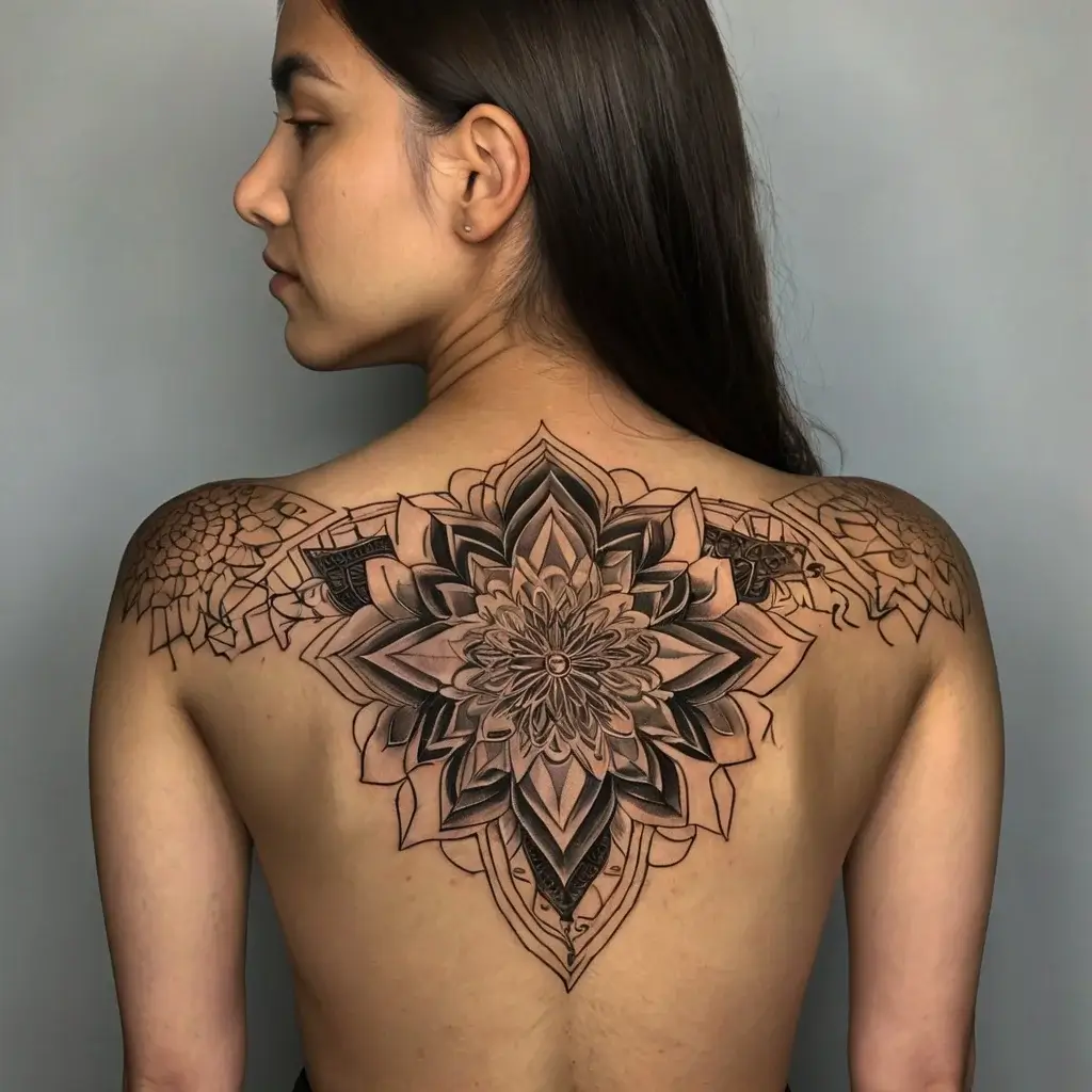 Ornate mandala tattoo on upper back; intricate petals radiate symmetrically, blending geometric and floral motifs elegantly.