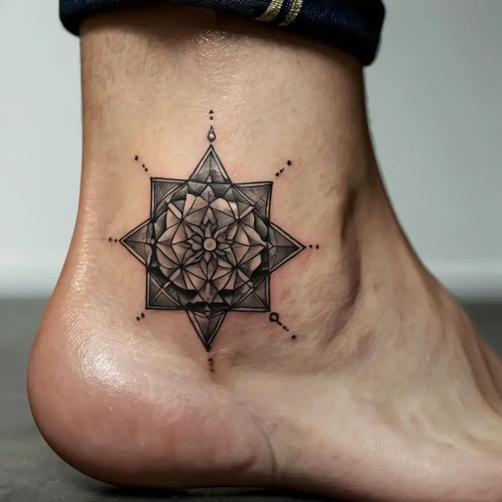 Tattoo of an intricate geometric mandala on an ankle, featuring overlapping star and floral patterns with fine dot details.