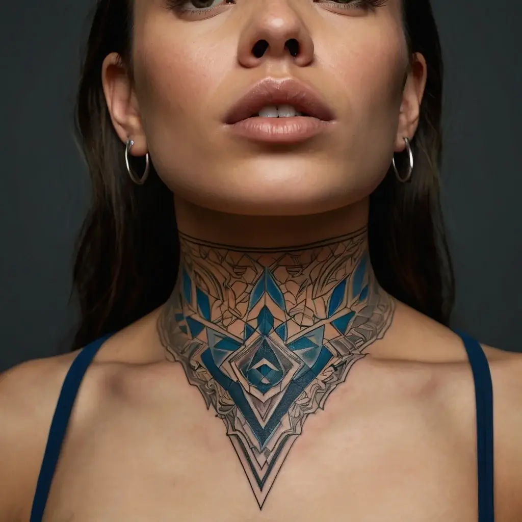 Geometric neck tattoo with layered blue and black patterns forming intricate diamond shapes, extending symmetrically.