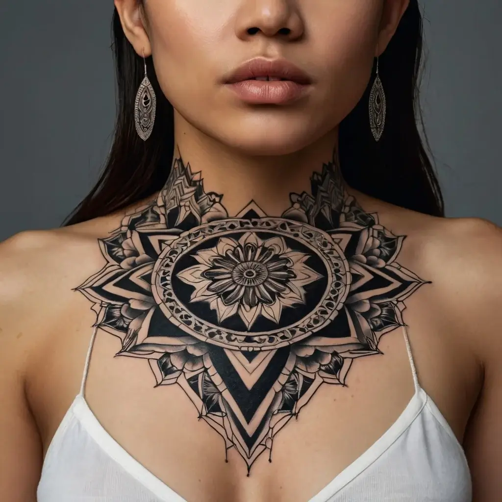 Intricate mandala tattoo on chest, featuring geometric patterns, floral motifs, and detailed line work, centered symmetrically.