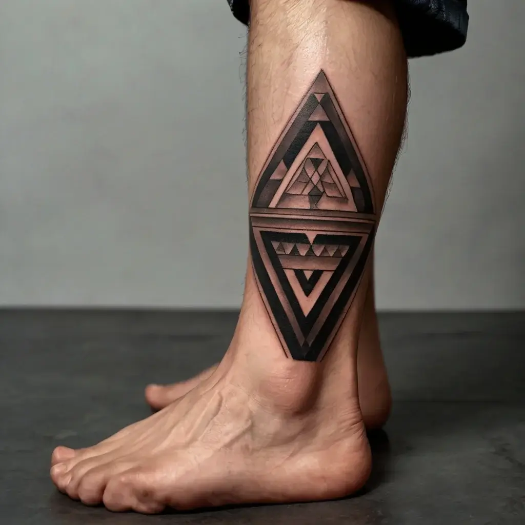 Geometric tattoo on calf featuring symmetrical triangular shapes and bold black lines in an intricate pattern.