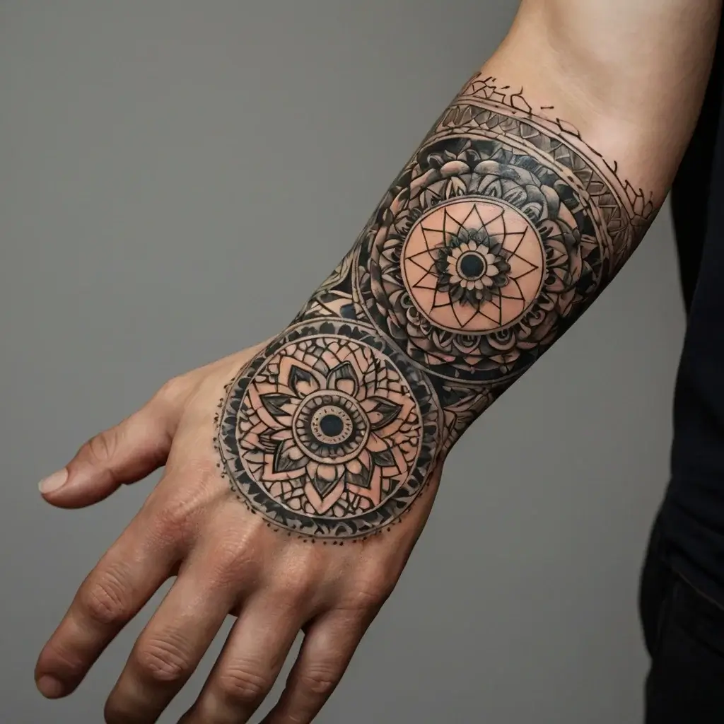 Mandala-inspired tattoo with geometric patterns and floral motifs on the forearm and hand, creating a symmetrical design.