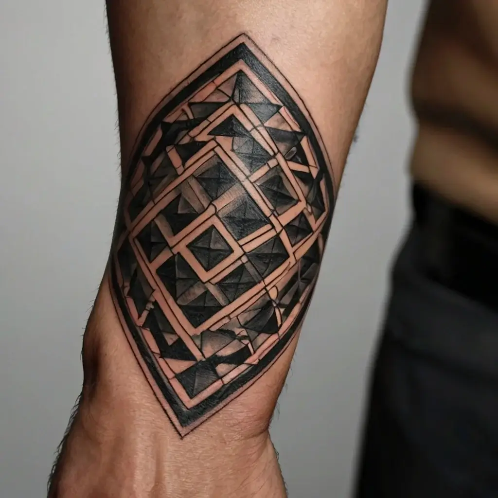 Geometric tattoo with overlapping black and skin-tone diamond shapes, creating a complex 3D visual on forearm.