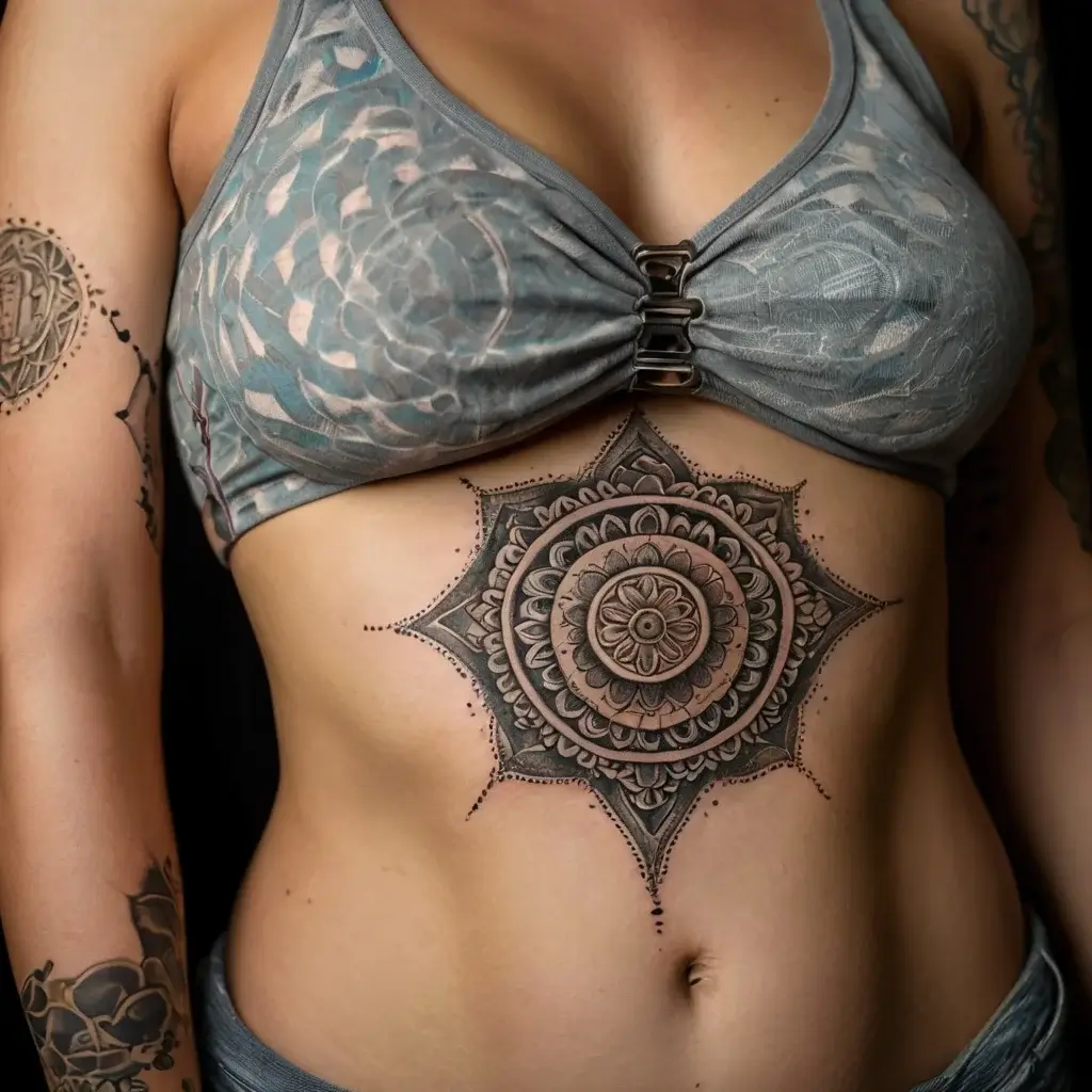 Ornate mandala tattoo on abdomen, featuring intricate circular patterns, geometric shapes, and delicate dot work accents.