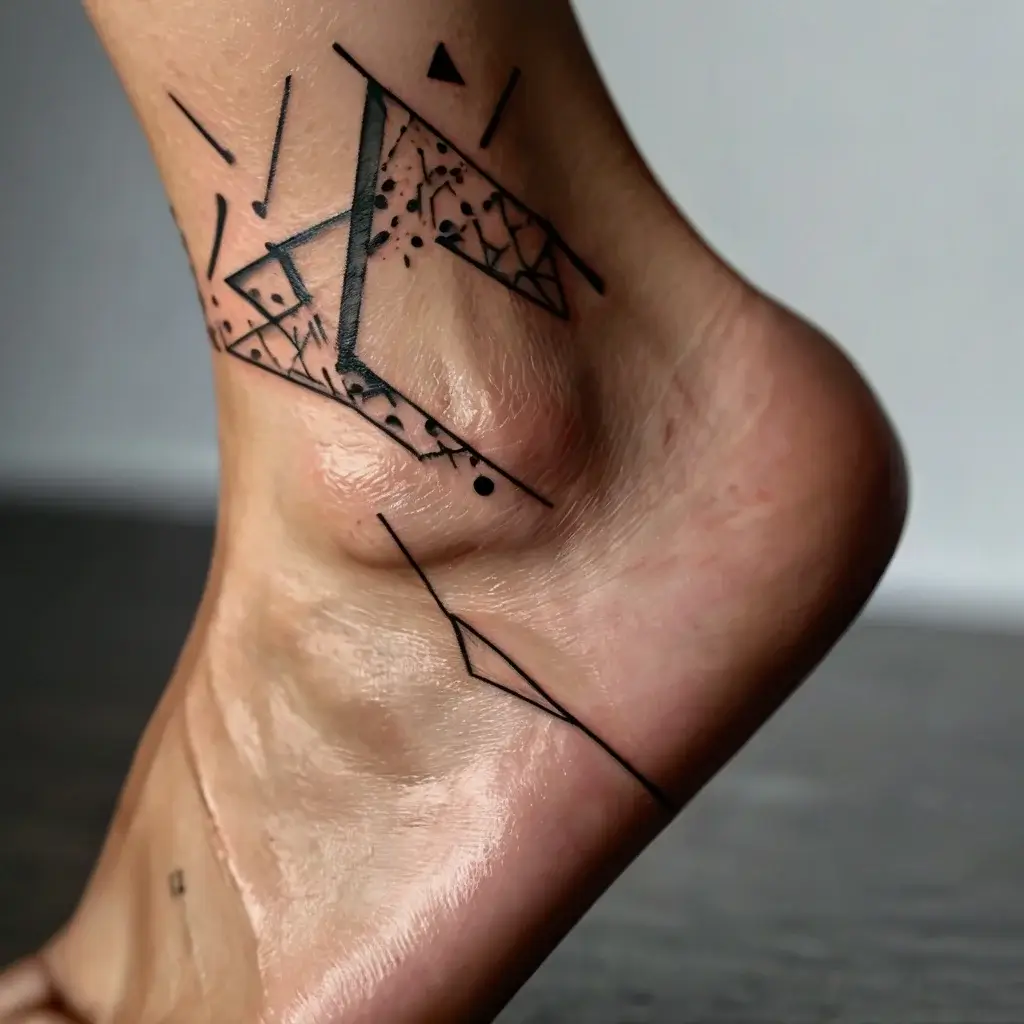 Abstract geometric tattoo on ankle with sharp lines, triangles, dots, and shading, creating a dynamic, modern design.