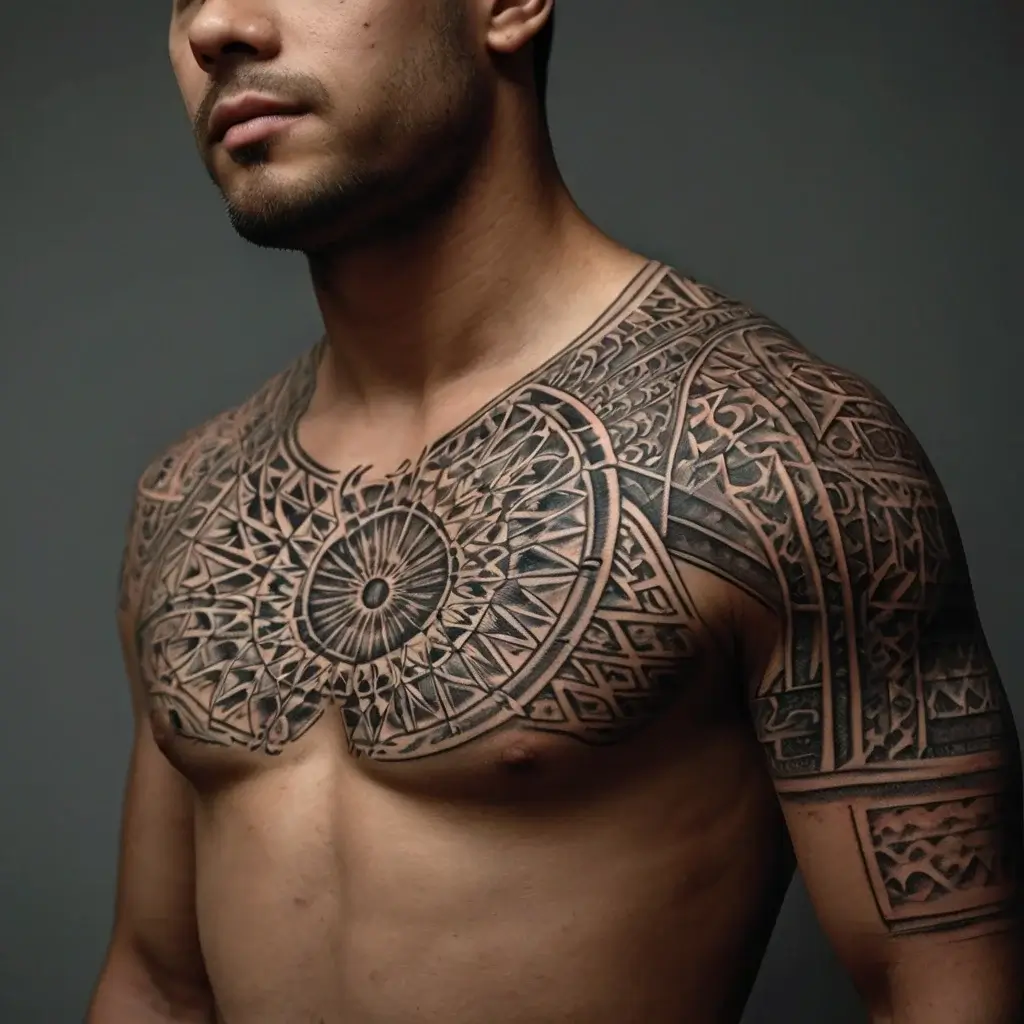 Stylized geometric tattoo spans chest and shoulder, featuring intricate mandala and tribal patterns with bold lines.