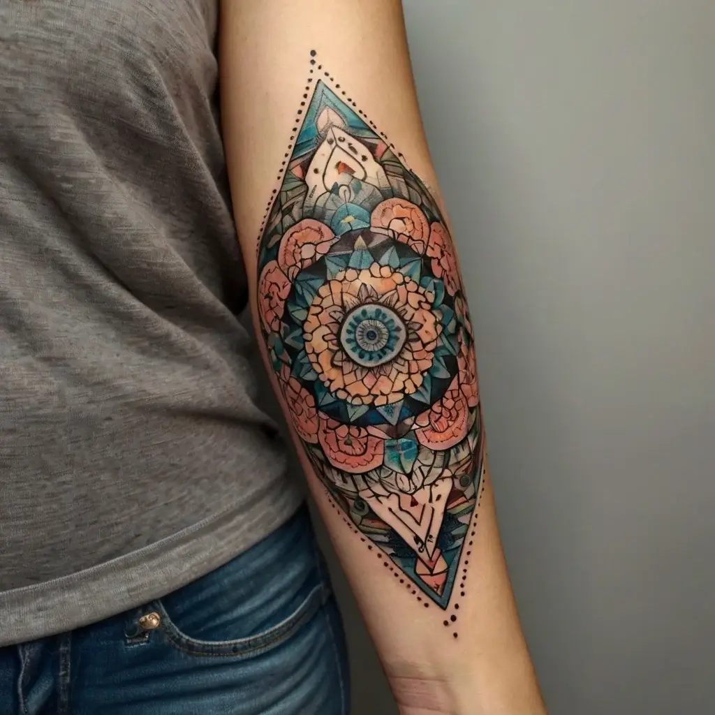 Geometric mandala tattoo with intricate patterns in blue and peach hues, forming a diamond shape with dot work outlines.