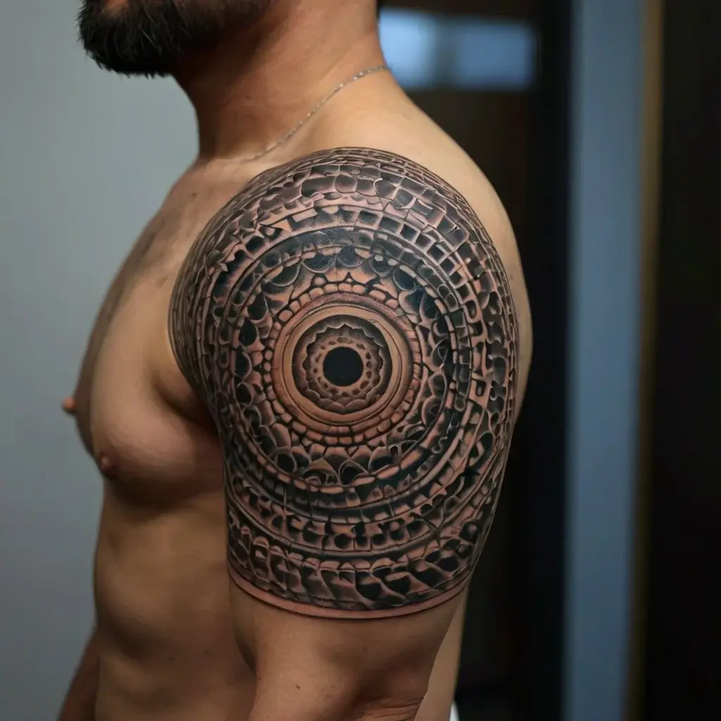 Geometric mandala tattoo on shoulder featuring intricate radial patterns and textures, creating a 3D illusion effect.