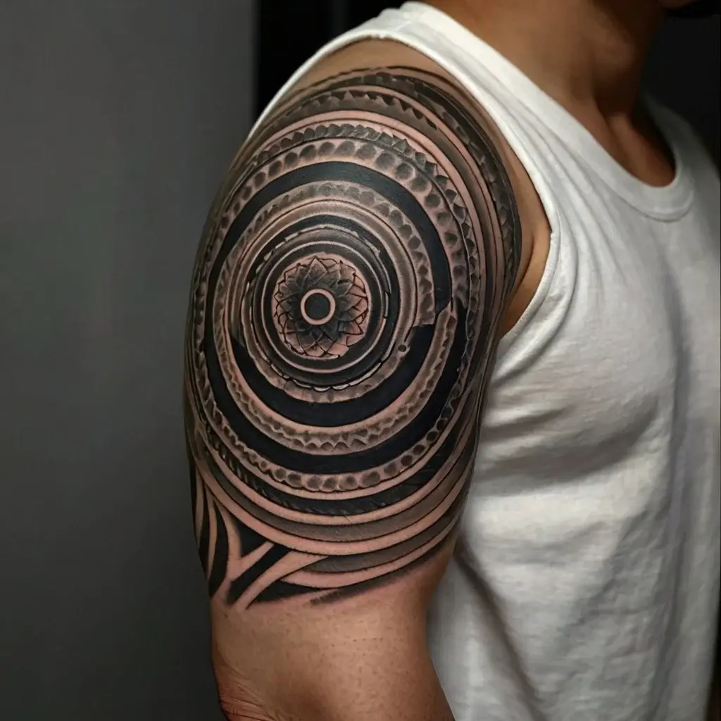 Sleeve tattoo featuring intricate concentric circles with geometric patterns and bold black shading, covering the upper arm.