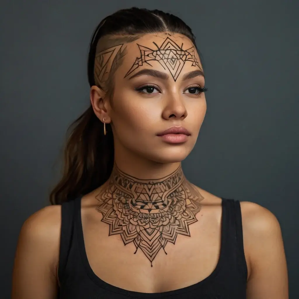 Geometric tattoos cover the forehead and neck, featuring intricate mandala and angular patterns, creating a striking effect.