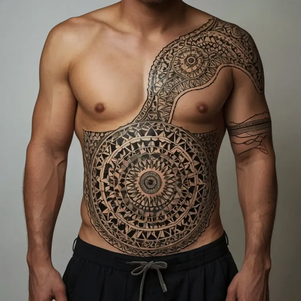 Intricate geometric tattoo with a circular mandala pattern covering chest and stomach, extending over right shoulder.