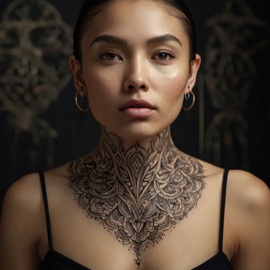 Intricate blackwork neck tattoo with symmetrical mandala patterns featuring floral and geometric elements.