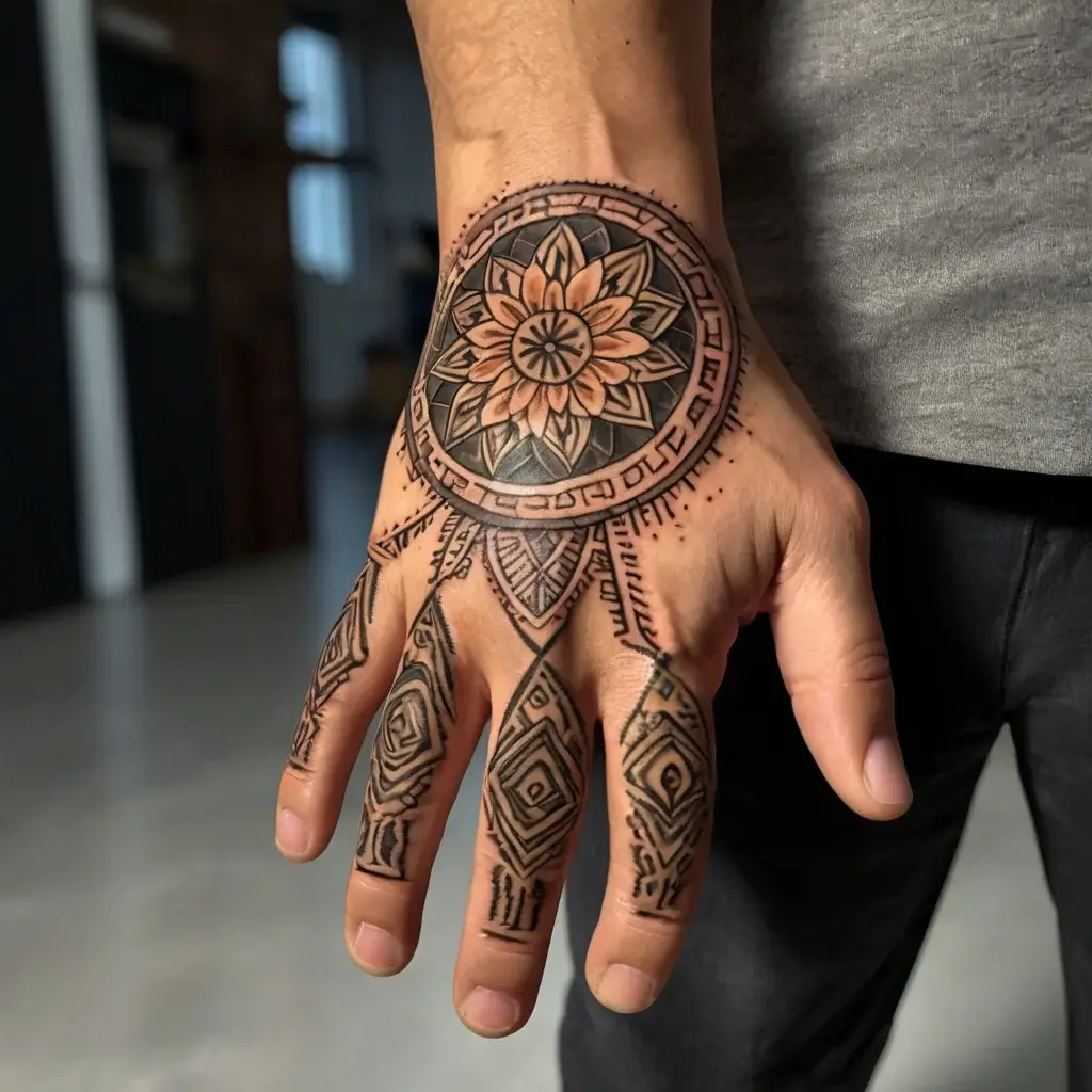 Intricate mandala tattoo on hand with geometric patterns extending onto fingers, featuring a central blooming flower motif.