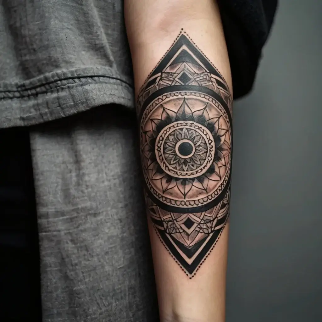 Intricate mandala tattoo with concentric circles and geometric patterns, featuring bold outlines and detailed shading.