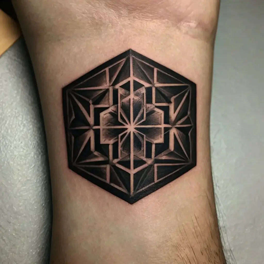 Hexagonal tattoo with intricate geometric patterns and a central star, featuring bold shading and sharp line work.