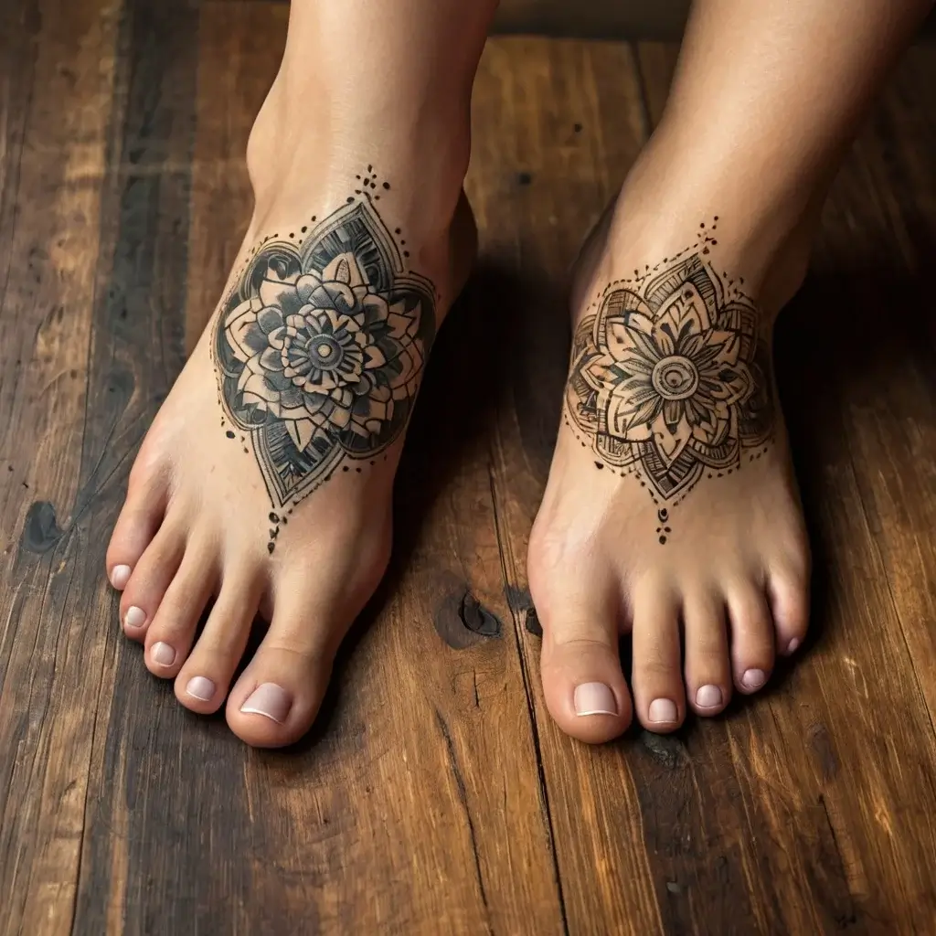 Geometric mandala tattoos on feet with intricate petals and dots, radiating symmetry and balance over wooden floor.