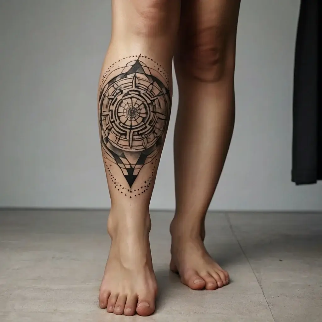 Geometric tattoo on calf with intricate circular maze design, bold lines, triangles, and dot patterns for depth.