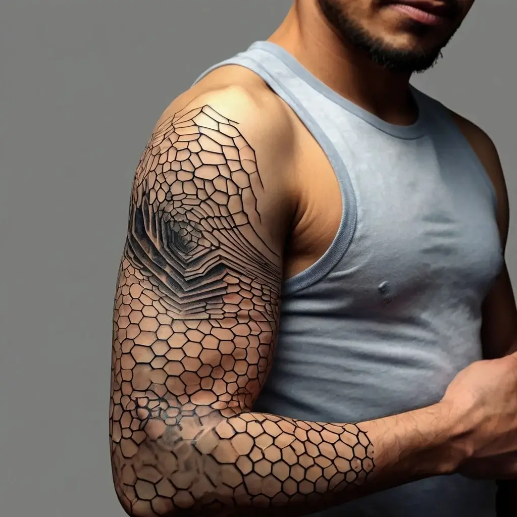 Geometric tattoo with hexagonal pattern transforms into a 3D illusion on a man's shoulder and arm, creating depth.