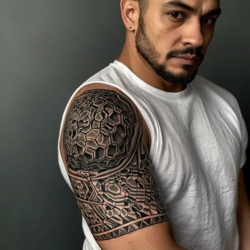 3D geometric tattoo on upper arm with hexagonal patterns, creating a dynamic, textured effect in black and gray tones.