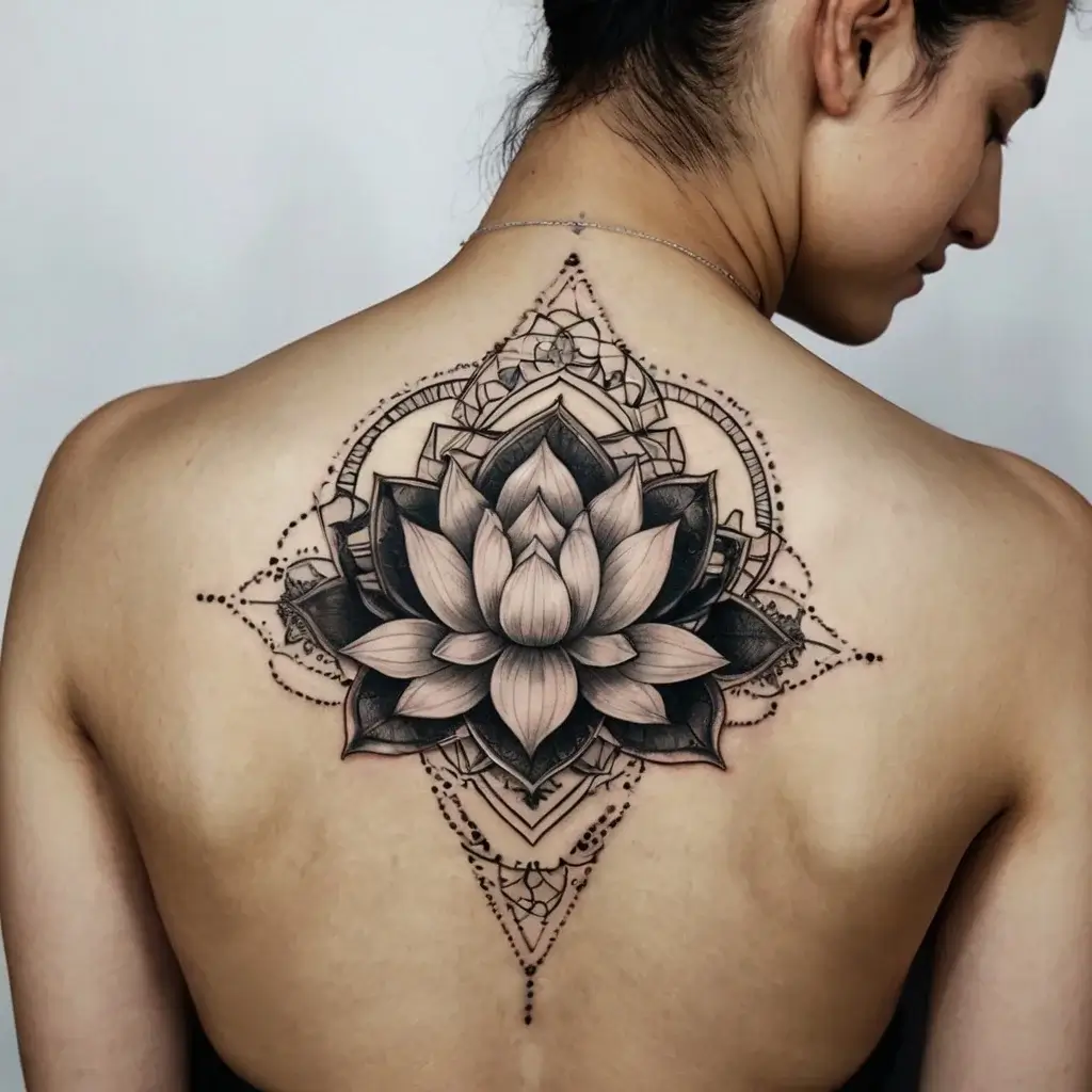 Intricate lotus mandala tattoo on upper back, featuring detailed petals and geometric patterns for a balanced design.